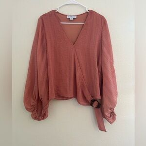 The line of style large faux wrap long sleeve boho dusty rose top